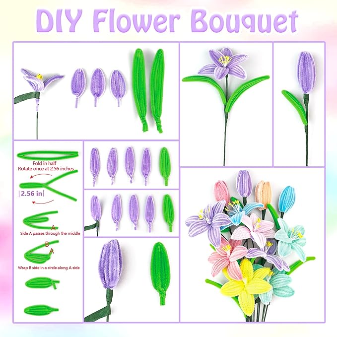 Pipe Cleaners Craft Kit 8 Assorted Colors Pipe Cleaners Bulk Flower Making Kit Chenille Stems DIY Arts and Crafts Supplies for Kids Adults Creative Bouquet Festival Home Decor Toys Gifts, Lily