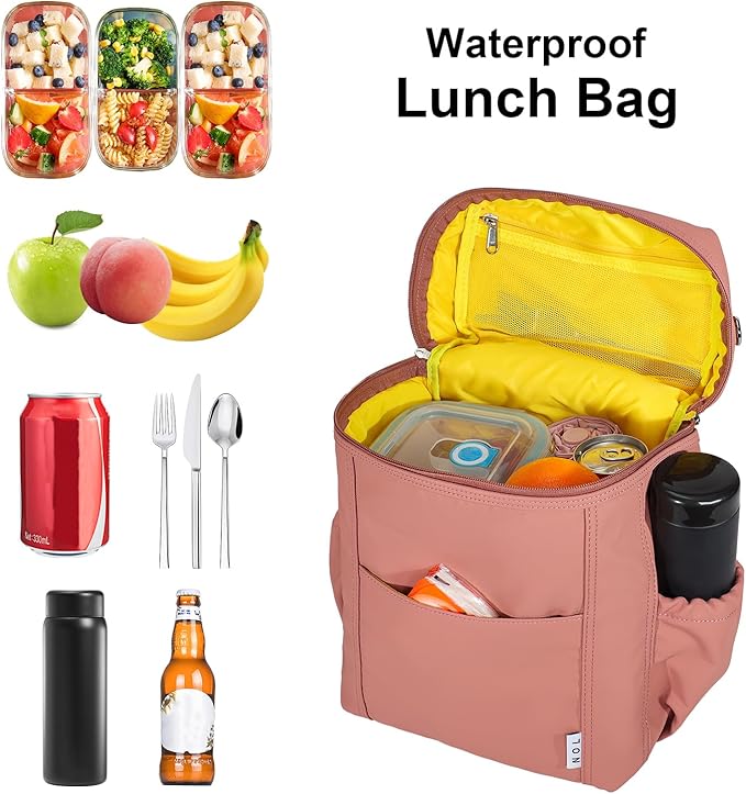 NOL Natural Organic Lifestyle Insulated Lunch Bags for Women Cooler Bag Lightweight Nylon Waterproof Lunch Box For Work (Dark Pink, Large)