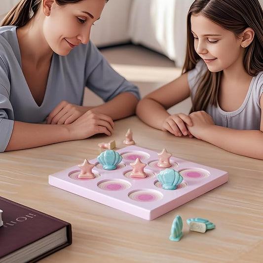 WDS WONDROUS Tic Tac Toe Game, Pink Coffee Table Centerpiece Decoration, Summer Beach Themed Wood Board Game with Ceramic Shell & Starfish, Coastal Girl's Room Decor, Fun&Cute Gifts for All-7.9 Inch