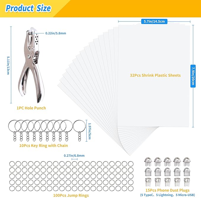 MOIKKA-GC 158PCS Shrink Plastic Sheets Kit – 32PCS 7.9"x5.7" Shrinky Paper for Phone Charms, Mini Crafts, with Hole Punch, Jump Rings, Keychains & Dust Plug, DIY Craft Supplies for Kids Teens & Adults