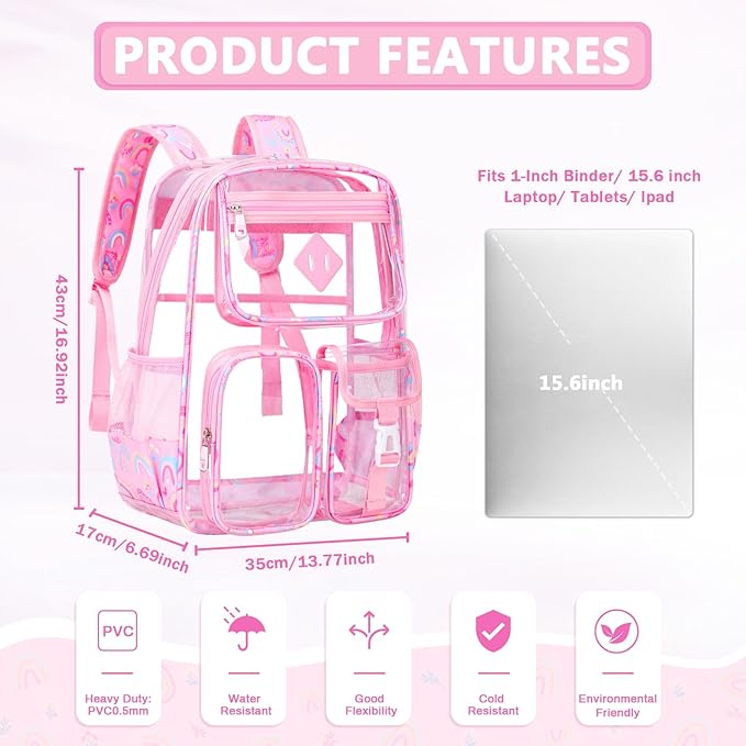 Clear Backpack for School,Heavy Duty PVC Transparent Bookbag for Girls Stadium Approved See Through Backpack
