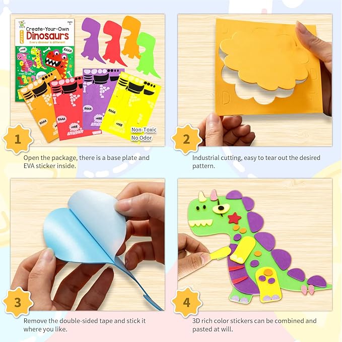 VKPI 4 Pieces EVA Foam Art Crafts Gift Kit, Creative Make Your Own Dinosaurs, Cartoon Foam Paper Craft Projects for Kids Ages 4+ Toddler, Preschool Learning Toy for Birthday Party Favor Supplies