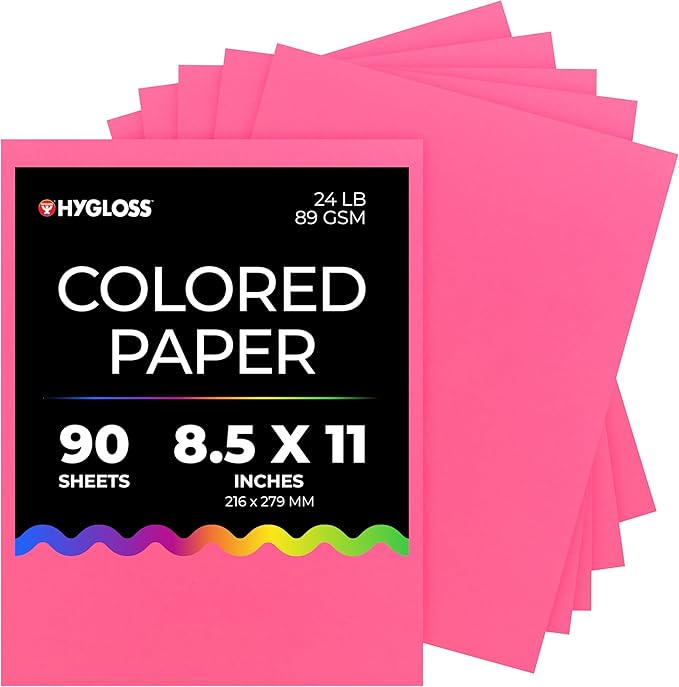 Hygloss Pink Colored Paper - 24 lb, 89 GSM, Acid-Free, Fade-Resistant, 8.5x11-Inch Letter Size Color Copy Paper, 90 Sheets