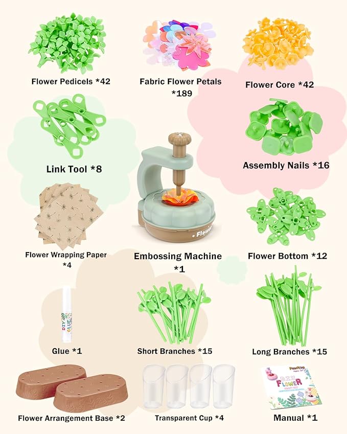 PERRYHOME Fabric Flower Bouquets Toys, 300+ Pcs DIY Flower Crafts for Kids, 2 Gameplays Educational Arts & Crafts Toy, Thanksgiving Birthday and Christmas Gift for 3 4 5 6 7 8 Years Toddler Girl