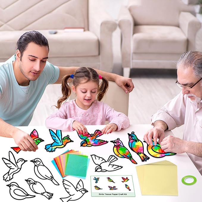 Qyeahkj 36 Set Bird Suncatchers Crafts for Kids DIY Bird Window Tissue Paper Craft Kit Animal Hanging Decor for Summer School Home Activity Art Project Birthday Party Favor Gift