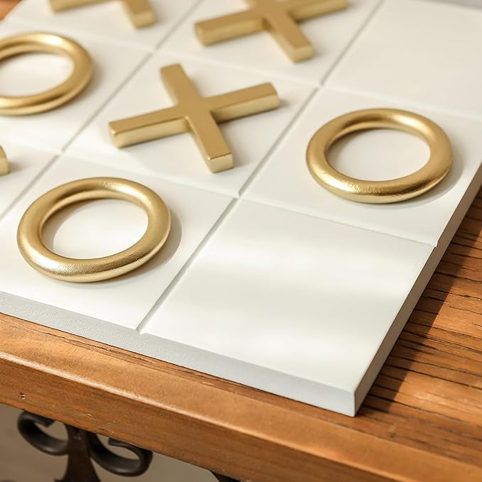 NIKKY HOME 12x12 Inch Tic Tac Toe Wood Game Board Classic Coffee Table Decor Modern Wooden Travel Game for Family, White & Gold