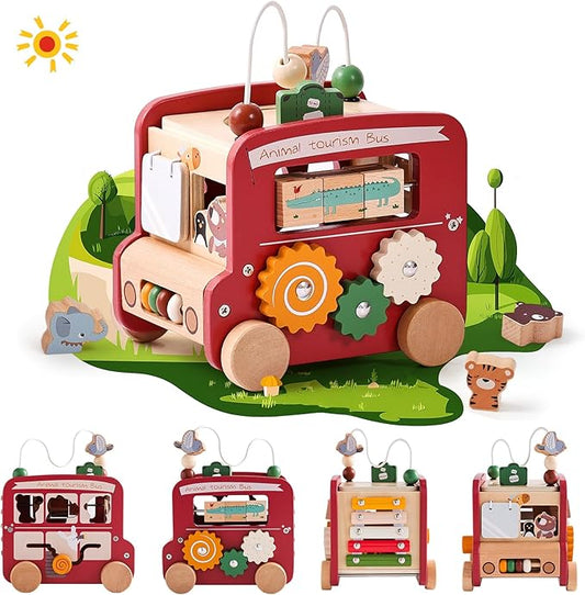 Wooden Activity Cube 8-in-1 Montessori Toys | Multifunctional Early Educational Learning Toys | Wooden Toy for Baby Shape Sorter Xylophone Animal Travel Bus Boy Girl Birthday Gift(Red Bus)