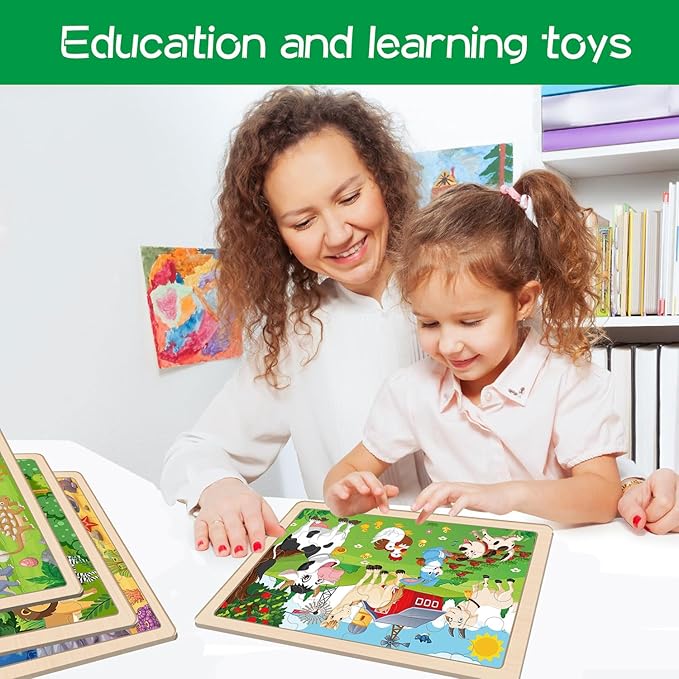 Wooden Puzzles for Kids Ages 3-5, 6 Packs 24 PCs Jigsaw Puzzles Preschool Educational Brain Teaser Boards Toys Gifts for Children, Wood Puzzles for 3 4 5 6 Year Old Boys Girls