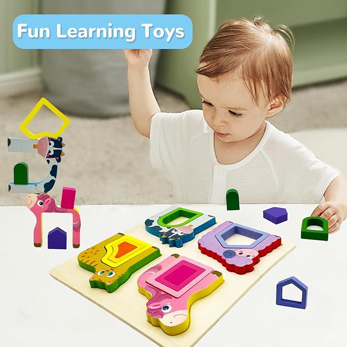 Wooden Montessori Toys for 3 4 Years Old Boys & Girls, Animal Shape Sorter Preschool Learning Toys for Toddlers, Preschool Toddler Puzzles Great Gift Ideas for Kids (Colored-A)