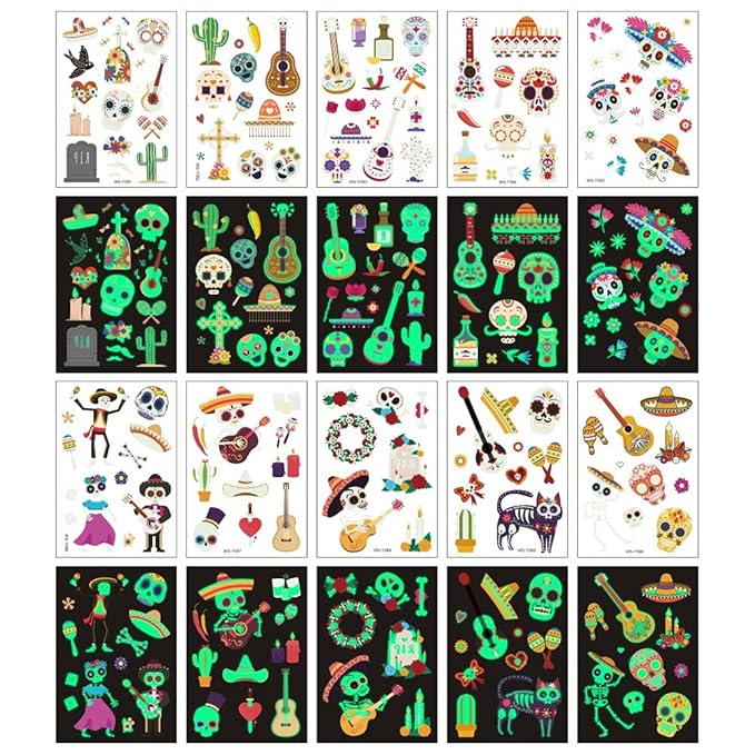 Day of the Dead Luminous Temporary Tattoos for Kids - 100 Pieces Glow In The Dark Tattoos Stickers for Boys and Girls,Sugar,Skeletons,Gemstones,Red Roses Face Makeup Tattoos Set,Holiday Party Gifts