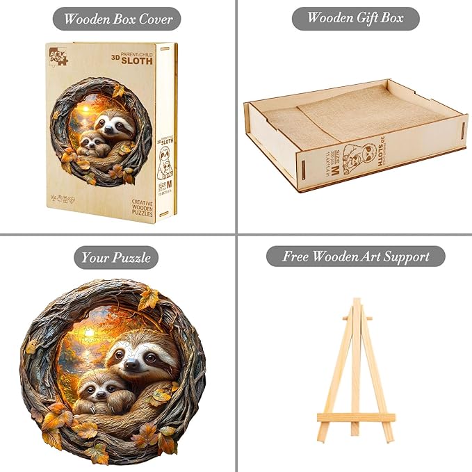 Wooden Puzzles for Adults - 100 Pieces 3D Parent-Child Sloth Wooden Puzzle - Unique Animal Shape Wood Cut Puzzles - Eco-Friendly Home Office Decor (S-8.5 * 8.5in)