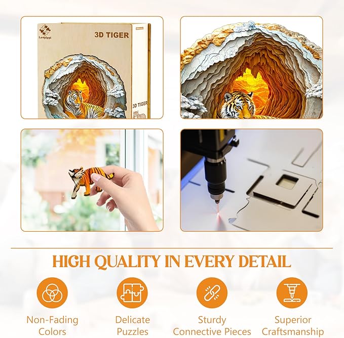 Wooden Puzzles for Adults, Wooden Jigsaw Puzzles for Adults Kids, 3D Vision Effect-3D Tiger Unique Shaped Wood Puzzles Adult, Creative Birthday Gifts for Friends Family Game (11.4 * 11.4in 200pcs)