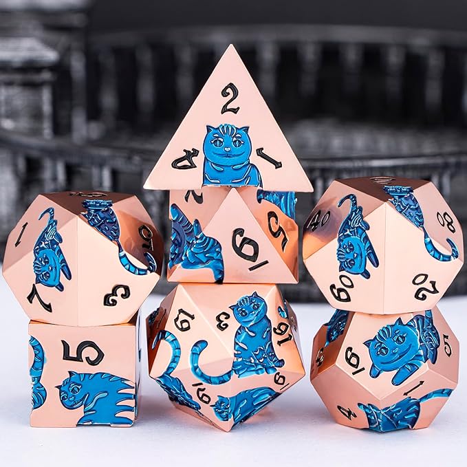 Metal DND Cat Dice 7PCS Polyhedral RPG Dice Set with Gift Case for Dungeons Dragons Role Playing Game, D and D Dice D6 D8 D10 D12 D20 D% (Copper Blue)