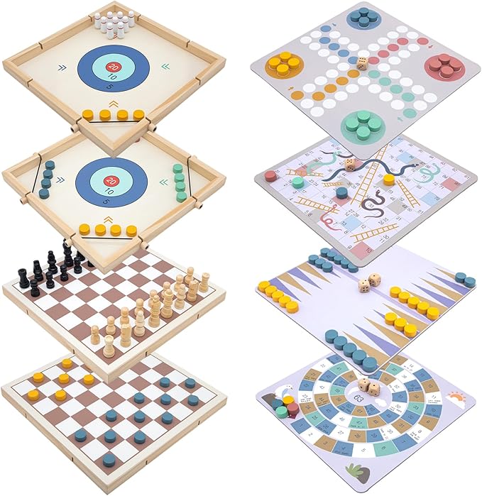 Eggsnow 8-in-1 Wooden Board Game Set for Kids Adults, Tabletop Combo Classic Travel Portable Board Games Collection with Chess, Checkers, Backgammon, Ludo, Snakes and Ladders & More