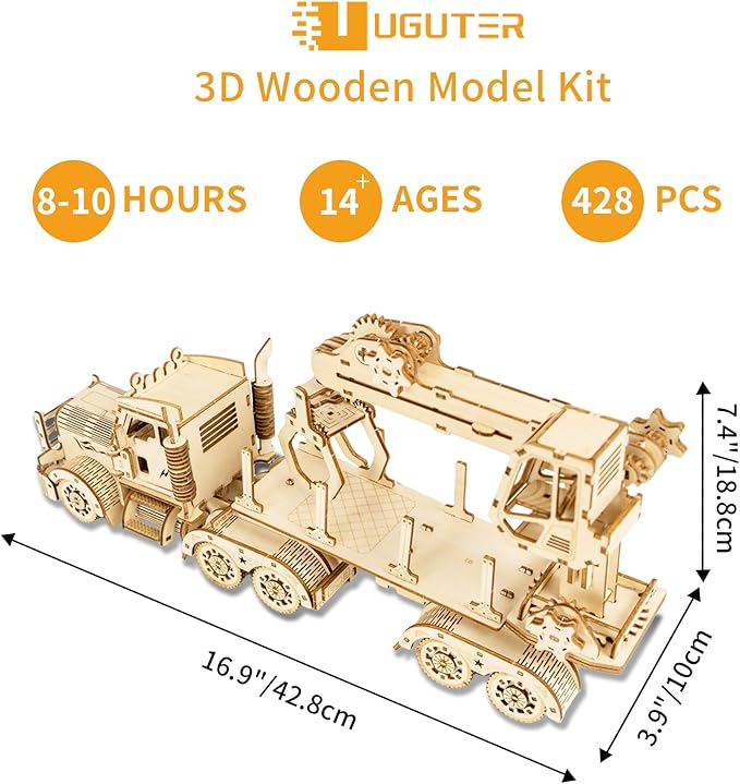 3D Wooden Puzzle Crane Truck for Adults, Large Timber Truck Logging Truck with Loading Crane, Mechanical Engineering DIY Wooden Models, Unique Gift for Kids Birthday Christmas (Crane Truck LG)