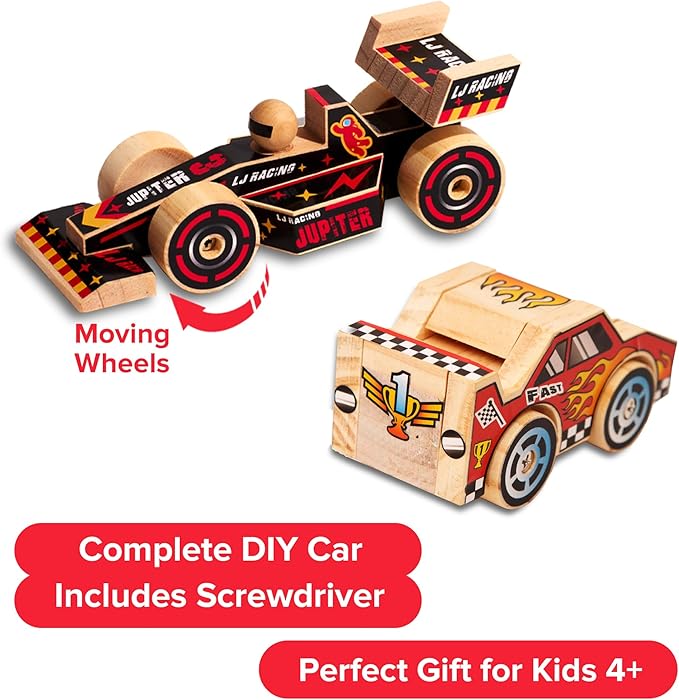 Little Jupiter DIY Wooden Kits w/Stickers - Stem Building Toys - Wood Crafts - Woodworking Kits - Wood Building Kits for Ages 4-7 Yrs (Open & Closed Wheel Race Cars)
