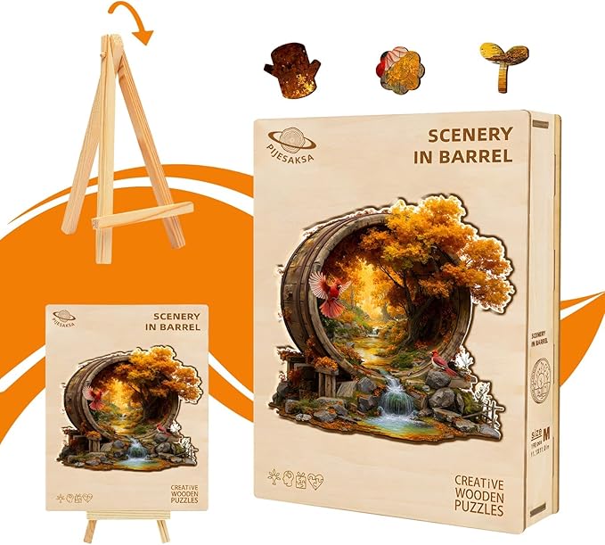 Wooden Puzzles for Adults, Scenery in Barrel Wooden Jigsaw Puzzle, Unique Shape Wood Puzzles Adult, Presents for Women and Men, Wall Art Home Decor (L-13.3 * 13.2in-300 Pieces)