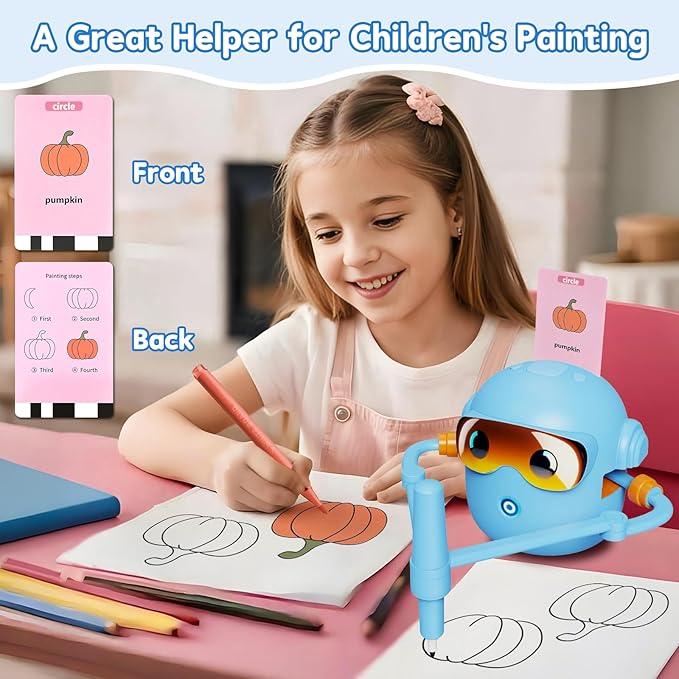 Drawing Robot for Kids, with 100 Word Cards, 12 Color Pens, Voice Interactive Educational Drawing Machine, Montessori Painting Learning Toys for 3 4 5 6 7 8 Year Old Boys Girls Birthday Party (Blue)