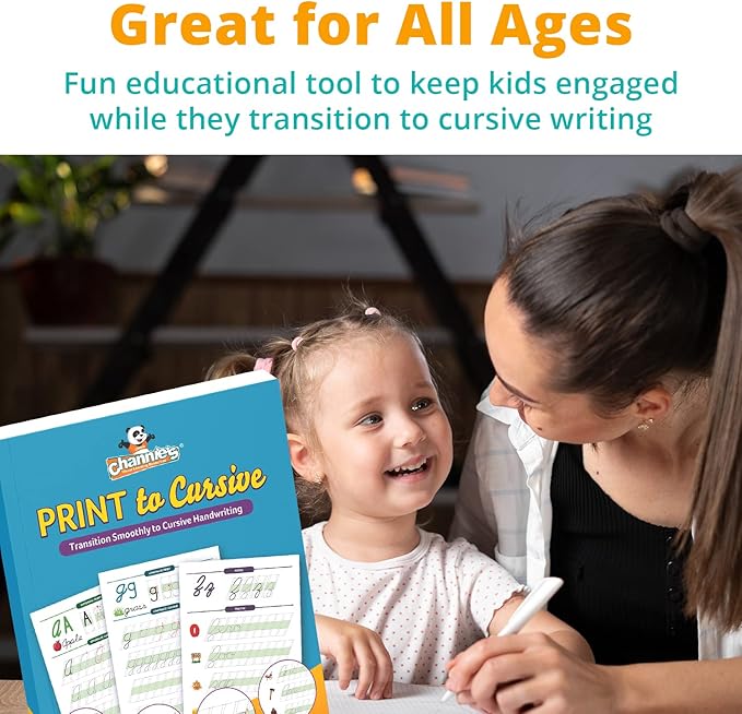 Channie's Print and Cursive Handwriting Workbook, Step-By-Step Uppercase & Lowercase Cursive Tracing Practice for Kids All Ages, Color-Coded, Easy to Follow Worksheets