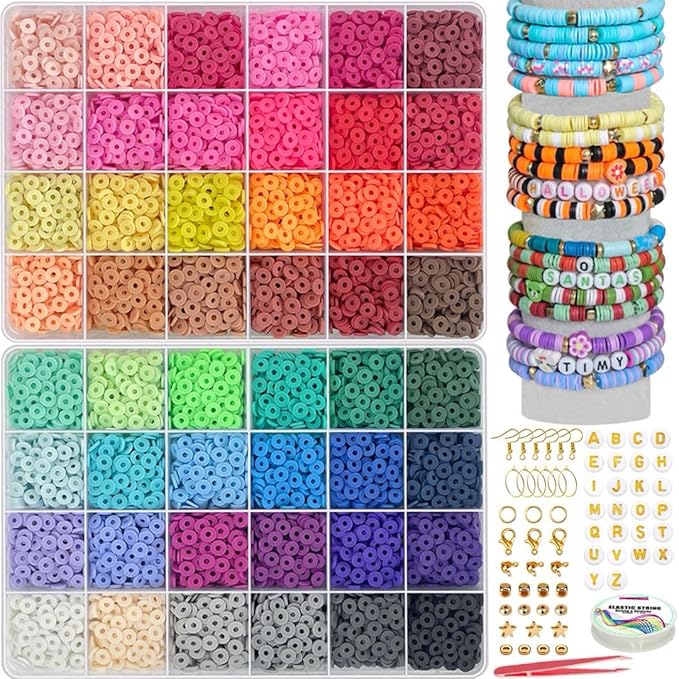 YMSDZHL 7100+PCS Clay Beads Bracelet Making Kit,48 Color DIY Flat Preppy Beads for Friendship Jewelry Making,Polymer Heishi Beads with Charms Gifts for Teen Girls Crafts for Ages 4-12 (7100+PCS)
