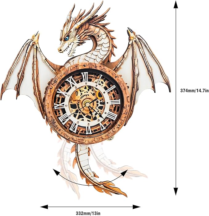 KAAYEE 3D Puzzle for Adult, Wooden Dragon Pendulum Clock Mechanical Model Kit, 32 PCS DIY Vintage Wall Clock Building Kit, Creative Craft Gift for Birthday Home Decor (Battery Not Included)