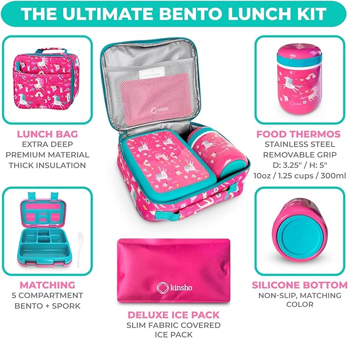 Bento Box with Lunch Bag, Insulated Stainless Steel Thermo for Hot-Cold Food or Soup, Ice Pack Set for Kids Girls Toddlers Snacks for Daycare, Ages 3 to 7, Pink Unicorn