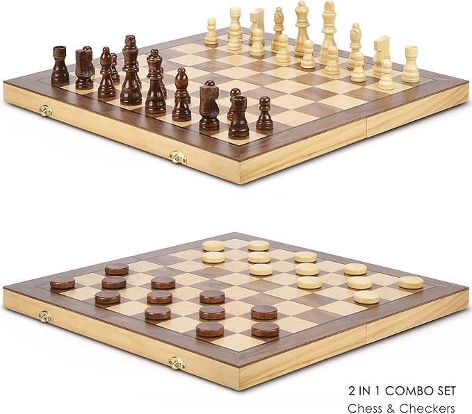 AMEROUS 15'' Magnetic Wooden Chess & Checkers Game Set -2 Extra Queens -24 Cherkers Pieces - Chessmen Storage Slots, Beginner Chess Set for Kids and Adults, Classic 2 in 1 Board Games