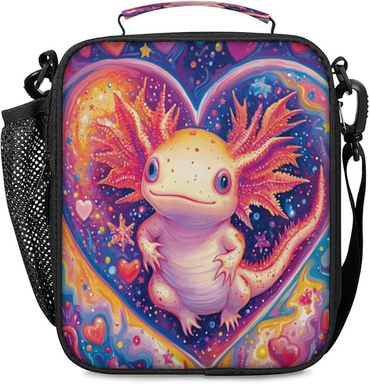 Insulated Lunch Box for Girls Kids Axolotl Lunch Bags Reusable Portable Lunchbox with Adjustable Shoulder Strap and Water Bottle Holder for Work School Travel