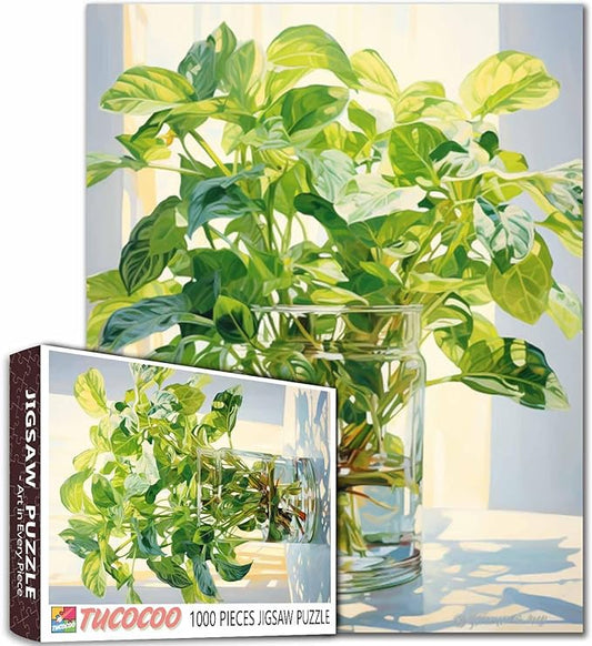 1000 Piece Jigsaw Puzzles for Adults Green Plants in Glass Vase Picture Jigsaw Puzzle Plant 1000 Pieces Puzzles Game Green Leaves Wall Decor DIY Craft Puzzle Relaxing Puzzle Art