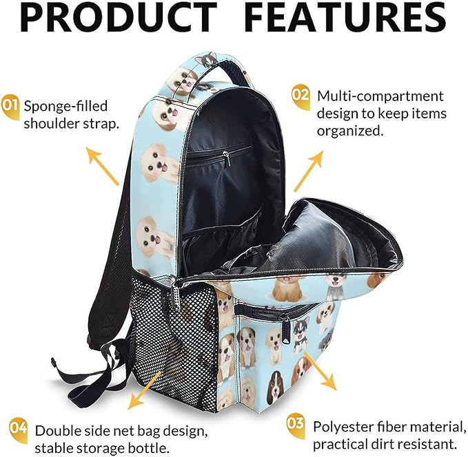 Dog Backpacks for Kids, Large Capacity Backpack for School, Cute Blue Doggy Print Lightweight Bookbag for Boys & Girls