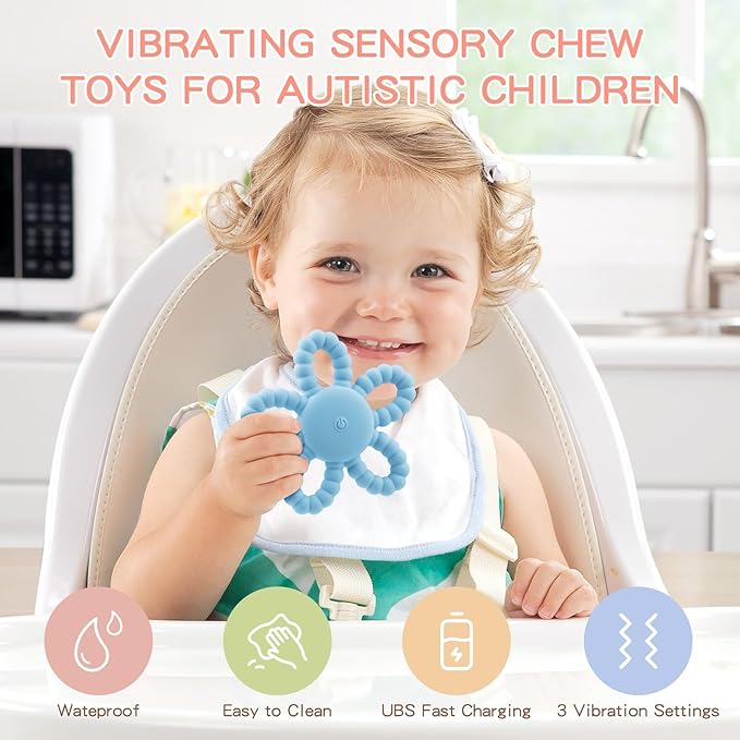 VViN Sensory Vibrating Chew Toy – Baby Teether for Autism Sensory Needs, USB Charging Teething Toy for 3-18 Months, Teething Relief & Easy to Grasp Design (Blue)