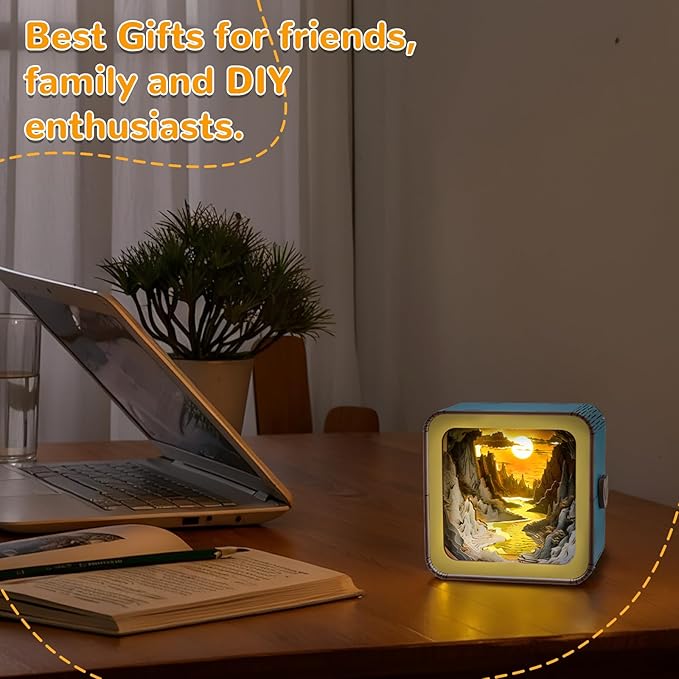 3D Wooden Puzzle Night Light, River Sunset DIY Puzzles for Adults, Eye Care Night Light with Touchable Switch, Personalized Gifts for Family Friend DIY Puzzle Lover