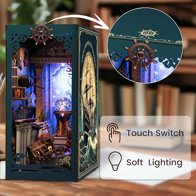 Book Nook Kit - DIY Enchanted Cottage Miniature House for Adults & Teens, 3D Wooden Puzzle Booknook with LED Lights, Bookshelf Insert Decor & Creative Model Building(Riddle On The Sea Floor)