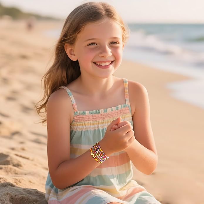 M MOOHAM 5PCS Colorful Beaded Initial Bracelets for Girls Women - Cute Stretch Heart Letter Beaded Bracelet Bohemian Initial Stackable Bracelet Birthday Gift Jewelry for Kids Teen Girl