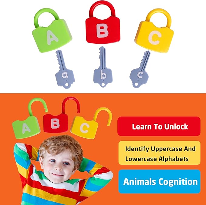 Color Alphabet Learning Lock Toys Educational Letter Combination-with 26 Locks, 26 Keys Montessori Preschool Alphabet Learning Game for Ages 3 yrs+