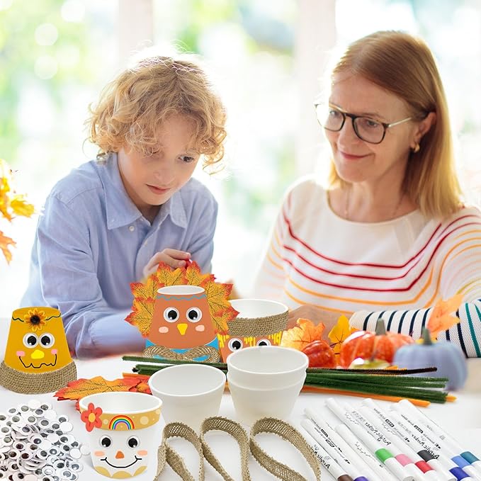 Cinrobiye 24 Set Fall Scarecrow Craft Kit DIY Garden Pot Plant Crafts Pot with Stickers for Fall Thanksgiving Autumn Harvest Classroom Creative DIY Art Project Bulk Painting (Scarecrow)