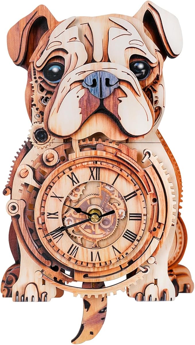 3D Wooden Puzzles for Adults Bulldog Clock - Model Building Kit Wall Clock Puzzle Creative Craft Gift Home Deco for DIY Enthusiasts, Brain Teaser Building Set Birthday Gifts