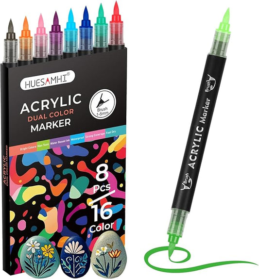 Permanent Acrylic Paint Markers, Brush Tip Art Markers for Kids - Coloring, Painting Rocks & Crafts Supplies, 16color 8pcs