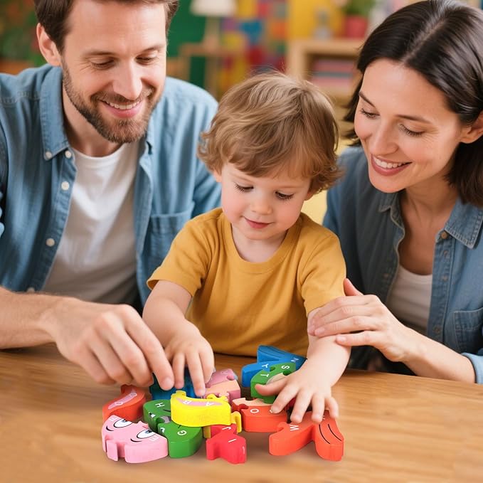 LovesTown Rabbit Wooden Puzzles, 26PCS Alphabet and Number Building Blocks Wood Jigsaw Puzzle for Kids Preschool, Medium