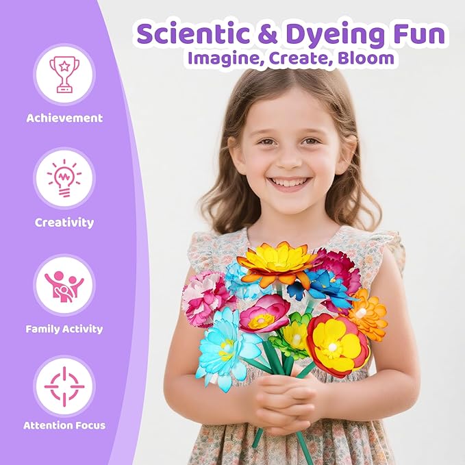 Kids Paper Flowers Science Kit, Magic Dyeing Flowers Craft Set Creative Color Changing Art Project Class Group Activities, Party Favors Gifts for Birthday Thank You Christmas, Toys for Ages 5-12yrs