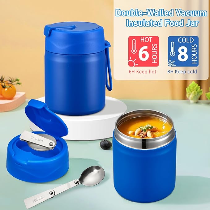 Bento Lunch Box for Kids with 17oz Soup Thermo,Insulated Tumbler Water Bottle and Insulated Lunch Bag,Leak-Proof 3 Compartment Lunch Food Container with with Ice Pack for Kids to School-Blue