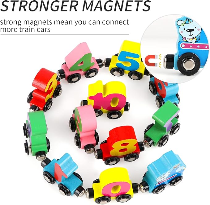 Wondertoys 12 PCS Wooden Number Train Set Toy Includes 1 Engine Cars for Toddlers Boys and Girls, Compatible with Major Brands Train Set Tracks