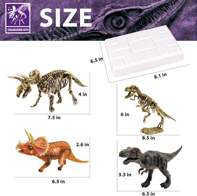 Dinosaur Fossil Dig Kit, Dino Excavation Kits for Kids, Educational Science Kits, Dinosaur Toys for Kids, Dig up 2 3D Skeleton Puzzles and 2 Dino Figures Including T-Rex, Triceratops