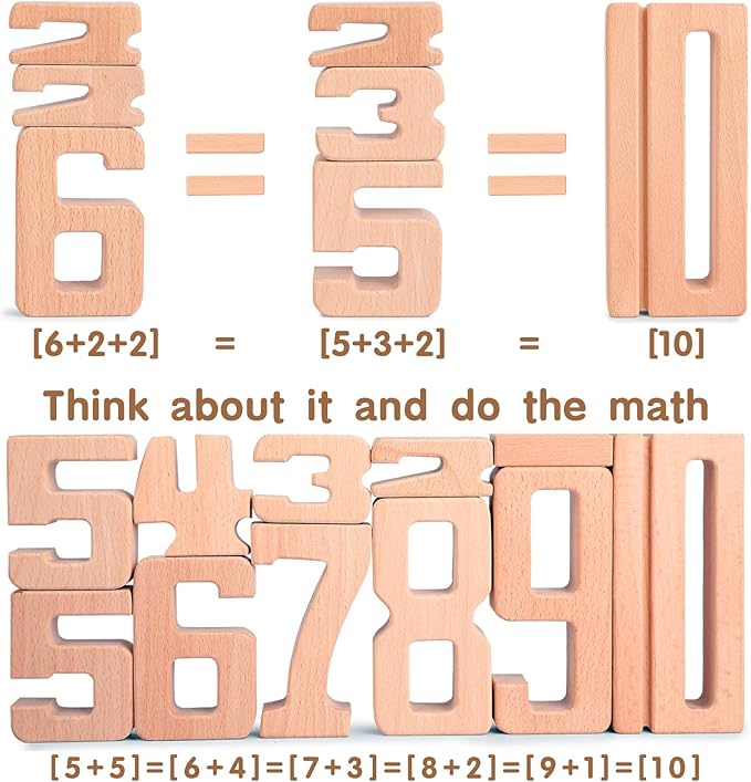 Wooden Number Building Blocks, Large Digit Blocks 1-10, 10 Pcs Math Blocks Number Toys for Kids, Educational Blocks for Toddlers, Toys to Learn Numbers for 3 Year Olds +