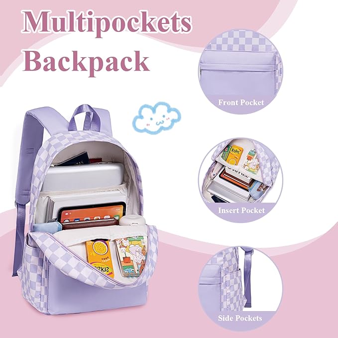 LEDAOU Kids School Backpack with Lunch Box for Girls Kindergarten BookBag School Bag Preschool Toddler Backpack (Purple Checkered)