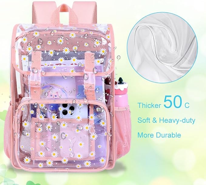 17" Daisy Clear Backpack for Girls - 3Pcs Flip Design Stadium Approved Set, Gym/Concert Transparent Bookbag (Pink)