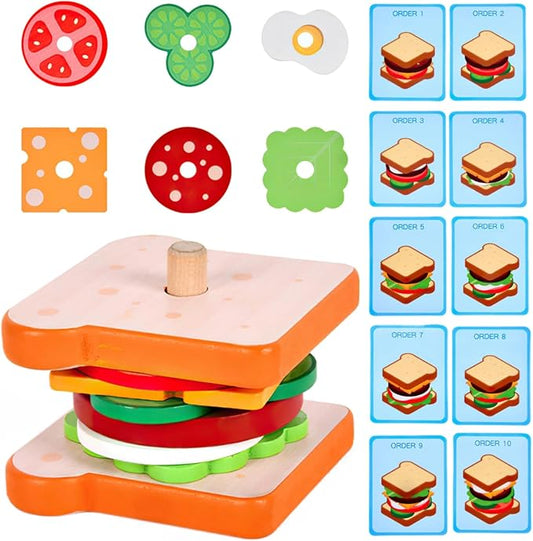 Wooden Sandwich Stacking Toy for Kids, Toddler to Preschool, Develops Fine Motor Skills, Includes Base, 7 Ingredient Pieces, 10 Flash Cards