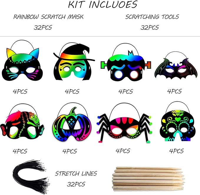 Natonhi 64Pcs Halloween Crafts Rainbow Scratch Mask, Halloween Games Scratch Art and Craft Kit Classroom Activities Favors Party Supplies