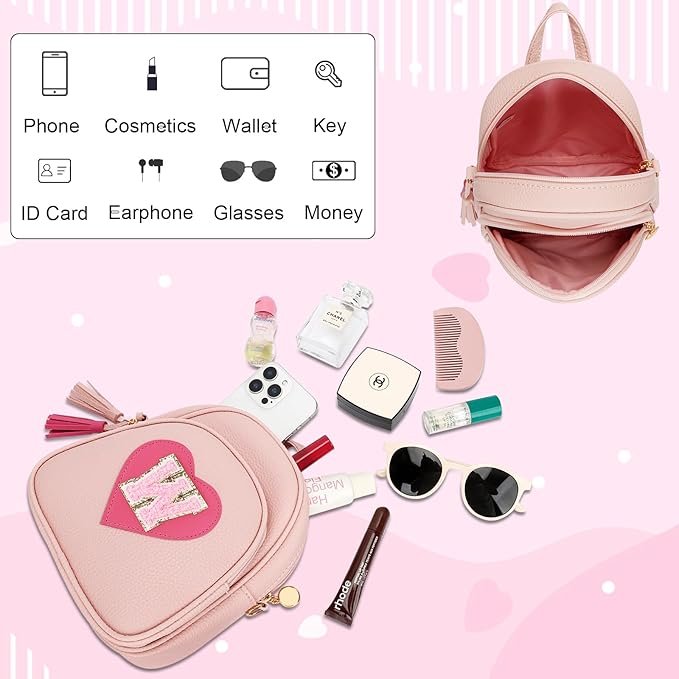Girls Initial Mini Backpack Gifts for Kid Toddler Little Girl Teen Small Cute Heart Backpack Purse Preschool Kindergarten Bookbag,Pink-W