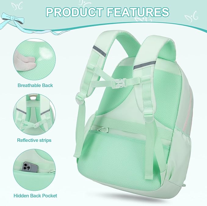 Backpack for Girls, 3PCS Girls Backpack for School with Lunch Bag Pencil Case, Cute Kids Teens Bookbag for Kindergarten Elementary Preschool Middle School (Green)